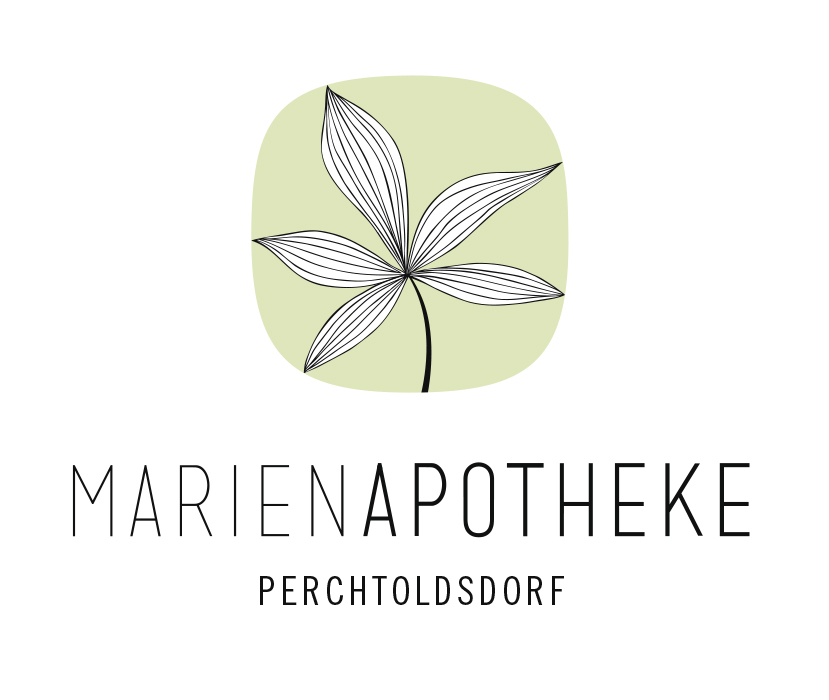 Das Logo zeigt eine grüne Form mit einer Blüte darauf darunter steht Marienapotheke Perchtoldsdorf